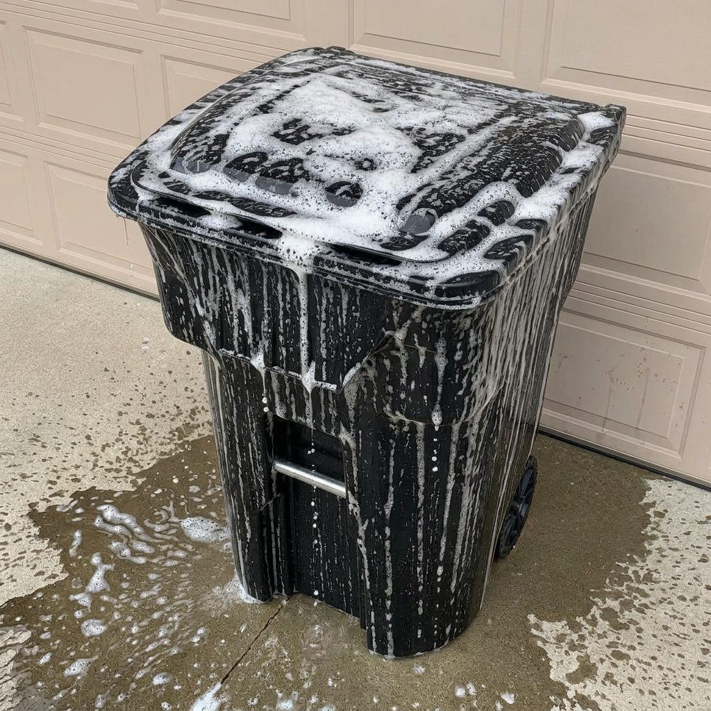 Eco-friendly soap scrubbing a recycling bin
